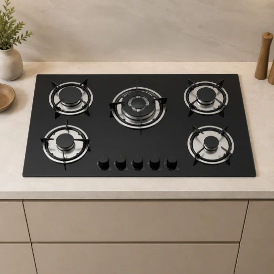 HappyHome 5-Burner Built-In Gas Stove – Black Glass, Auto Ignition