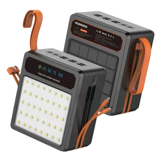 Porodo LAROS 160,000mAh Solar Power Bank with LED Light & Built-In Cables (22.5W Fast Charging)