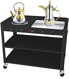 Electric Hot Plate 1250W With Dual Heating Plates And Storage Shelves, Portable Design With Wheels DLC-5537 Black/White
