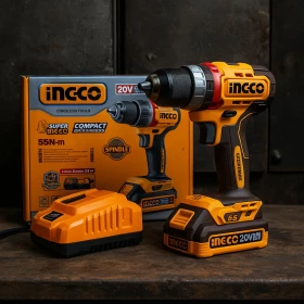 Ingco Cordless Brushless Drill with 2.0Ah Li-Ion Battery, 55Nm Compact Lightweight Tool, 47 Pcs Accessories & Spindle Lock for Metal/Plastic Surfaces