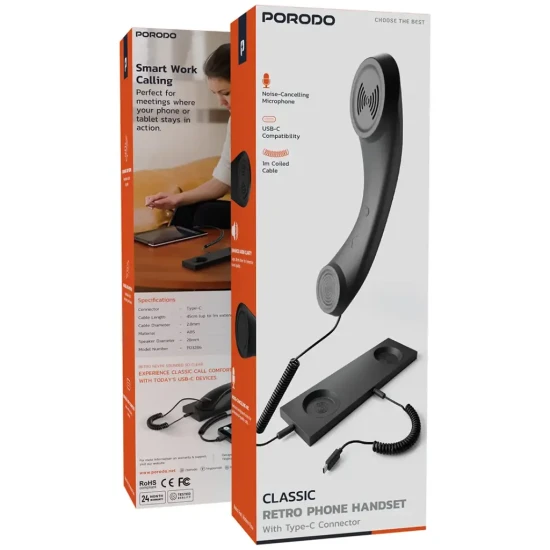 Porodo Classic Retro Phone Handset with Type-C Connector and Base - Black