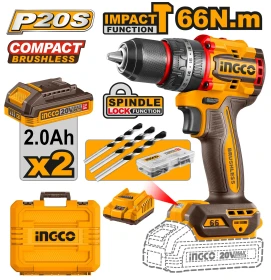 Ingco 20V 66Nm Brushless 2-speed Compact Brushless Cordless Impact Drill With 2Pcs battery pack and Charger